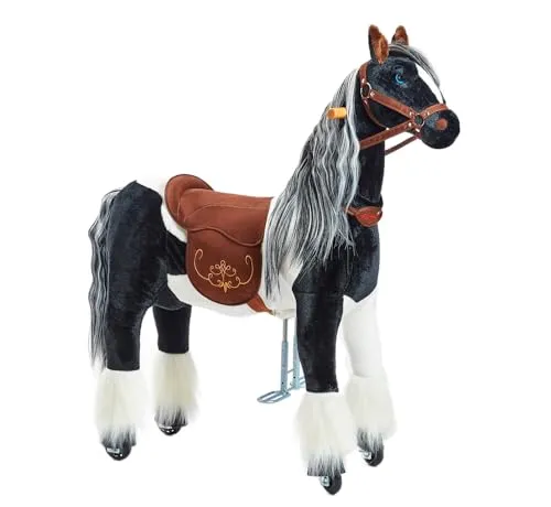 PONNIE Reitpferd mit Rollen Domino M für 5-12 Jahre - Plüschspielpferd mit kämmbarem Schweif und Mähne, ideal für kreativen Spielspaß. Robuste Metallkonstruktion sorgt für Langlebigkeit. Abnehmbarer Sattel für realistisches Reiterlebnis – perfekt für drinnen und draußen!