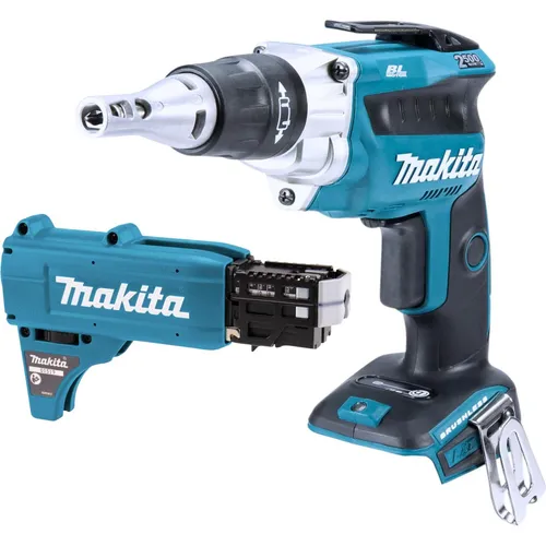 Makita DFS 250 Z Akku Trockenbauschrauber 18 V mit Magazinschrauben Vorsatz - Leistungsstarker Akku-Trockenbauschrauber mit bürstenlosem Motor, ideal für präzise Anwendungen. Inklusive praktischem Magazinschrauben-Vorsatz für effizientes Arbeiten.