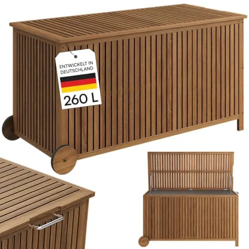 STEELSØN Auflagenbox Alkes – Wetterfeste Gartenbox aus Akazienholz mit klappbarem Deckel - Praktische Aufbewahrungsbox von STEELSØN aus robustem Akazienholz. Ideal für Garten und Terrasse, mit integrierten Rollen für einfache Mobilität. Die geölte Oberfläche schützt vor Witterungseinflüssen und sorgt für Langlebigkeit.