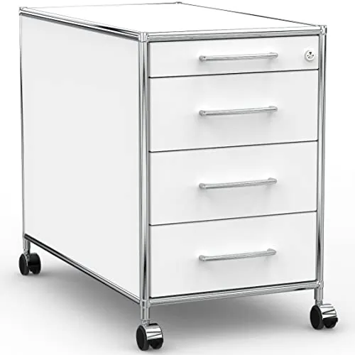 SYSTEM8X Rollcontainer 80cm mit 1 Materialschublade und 3 Holzschubladen in Weiß - Praktischer Rollcontainer für Bürozubehör und Akten. Robuste Bauweise mit verchromtem Rohrrahmen und Melamin beschichteter Spanplatte. Ideal für kleine Räume und schnelle Montage.