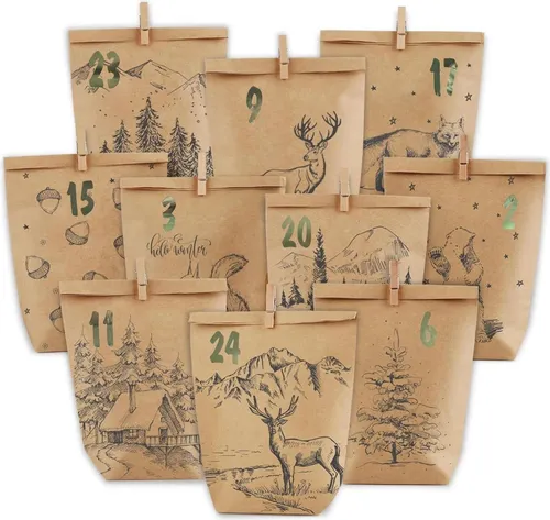 Adventskalender zum Befüllen - 24 Weihnachtskalender Tüten - PANSIBY Adventskalender - Kreatives DIY Set mit 24 dekorativen Kraftpapiertüten im Weihnachtswald Design. Ideal für persönliche Überraschungen und festliche Vorfreude auf Weihnachten.