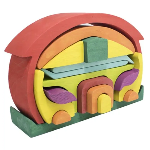 Bauhaus Bauklötze Holzhaus: Runddach Rotes Haus - Holzspielzeug für Kinder ab 1 Jahr, fördert Motorik und Kreativität mit 18 handgefertigten Teilen aus natürlichem Holz und leuchtenden Farben.