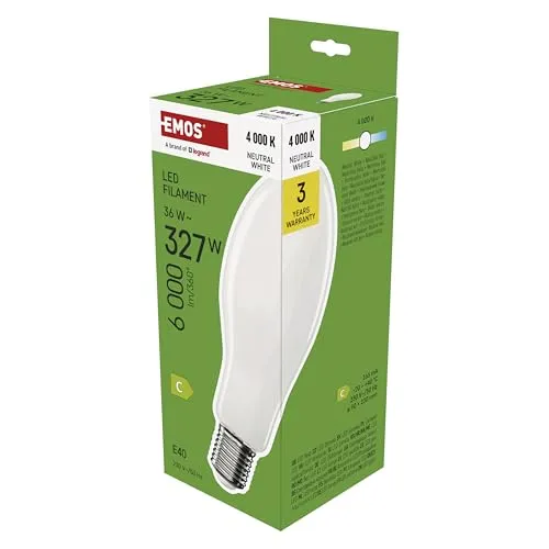 EMOS Filament LED Lampe ED90 - 36W, 6000lm, E40 - Energiesparlampe mit E40-Sockel, ersetzt 327W Glühlampe, bietet 6000lm helles Neutralweiß für optimale Ausleuchtung.
