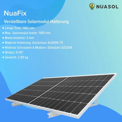 NuaSol PV Solarpanel Halterung 46 Zoll | 2er Set aus Aluminium - Dach- & Bodenhalterungen Solarmodule, verstellbar von 0-90° für optimale Ausrichtung, inklusive Montagematerial und witterungsbeständig