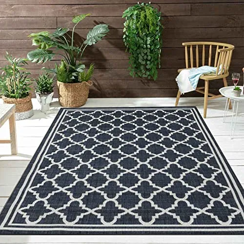VIMODA Teppich In- und Outdoor Flachgewebe Terrasse Balkon Wetterfest Wintergarten Robust Marokkanisch geprägtes Design,Maße:60x100 cm;Farbe:Blue