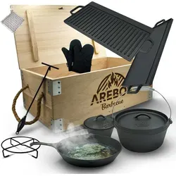 AREBOS Dutch Oven BBQ Set - Gusseisen mit Holzkiste & Schutzhandschuhen - Vielseitiges Dutch Oven Set aus robustem Gusseisen für Garten und Camping. Inklusive praktischer Holzkiste und Zubehör – ideal für schmackhafte Gerichte im Freien!