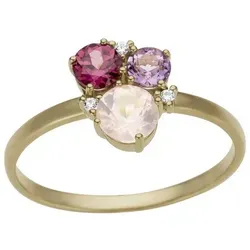 Firetti Goldring mit Edelsteinen und Brillanten, Größe 17 - Eleganter Damenring aus 333 Gelbgold mit Amethyst, Pink Rhodolit und Rosenquarz, verziert mit 3 funkelnden Brillanten – das perfekte Geschenk für besondere Anlässe!