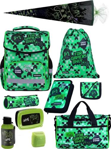 Familando Jungen Schulranzen 1. Klasse - Playworld Gaming Pixel Schultasche - Ergonomischer und leichter Schulranzen (8-teilig) mit Gaming Pixel Design, ideal für die Einschulung. Inkl. Schultüte, Turnbeutel und mehr, perfekt für kleine Gamer!