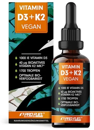 Vitamin D3 K2 vegan - 1700 Tropfen (50ml) - 1000 IE Vitamin D3 + 40 mcg K2 MK7 (Pharmaquinone®) pro Tag - zur täglichen Einnahme - veganes Vit. D3 (RAWD3®) - laborgeprüft mit Zertifikat