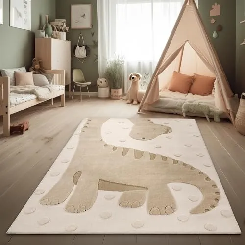 Paco Home Kinderteppich 3D-Effekt Dino-Motiv - Teppich fürs Kinderzimmer mit weichem Flor, robust und pflegeleicht. Ideal für Spielbereiche, sorgt für eine gemütliche Atmosphäre und ist Fußbodenheizung geeignet.