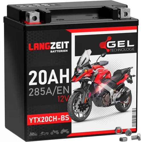 Langzeit YTX20CH-BS Motorradbatterie GEL 12V 20Ah - Wartungsfreie Gel-Batterie mit 285A Startkraft, ideal für Motorräder, Quads und Roller. Robuste und rüttelfeste Bauweise für zuverlässige Leistung.