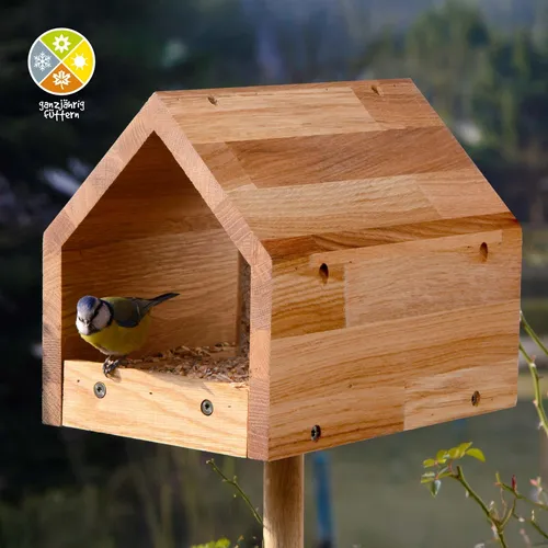 LUXUS-VOGELHAUS 46601e "Bauhaus III" - Futterstation für Wildvögel aus hochwertigem Eichenholz, wetterfest mit Acrylglassilo für optimalen Schutz des Futters und einfache Reinigung durch herausziehbares Futtertablett.