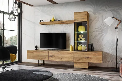 ASM-Möbel Wohnwand RISE mit LED-Beleuchtung - Moderne Wohnwand mit Push-Click System, inklusive LED-Beleuchtung und einfacher Selbstmontage. Ideal für stilvolle Wohnzimmer.