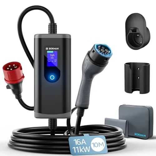 bokman Type 2 Ladekabel mit CEE-Stecker, 10 Meter, 6-16A, 11 kW, 3-Phasen, IP65 wasserdicht - Tragbares 10m Ladegerät für Elektrofahrzeuge mit hoher Leistung von 11 kW für kürzere Ladezeiten. Robustes, wasserdichtes Design und individuell einstellbarer Ladestrom sorgen für optimale Effizienz und Flexibilität.