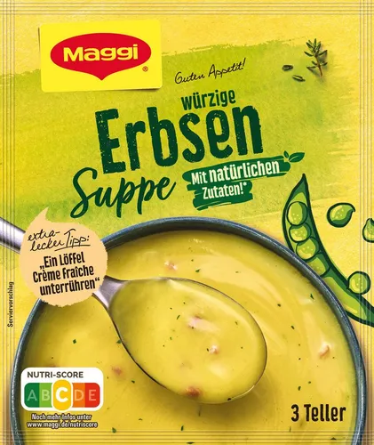 Maggi Guten Appetit Erbsensuppe mit Speck - Suppe, herzhaft und cremig, ideal für eine schnelle Mahlzeit. Genießen Sie den vollmundigen Geschmack von Erbsen und Speck!