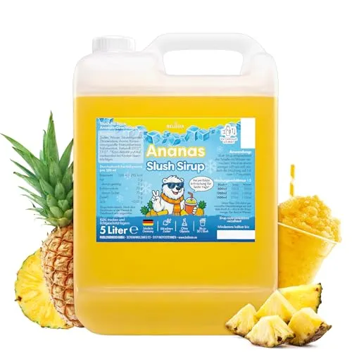 Belissia Slush Eis Sirup 5 Liter Konzentrat | Ananas Geschmack | sehr ergiebig in knalligen Farben (1:5) für bis zu 30 Liter | Glycerin frei – für Slush-Eis - Maschinen & Wassereis