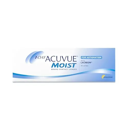 Johnson & Johnson 1-Day Acuvue Moist für Astigmatismus - 30er Packung - Kontaktlinsen mit Lidschlag-Stabilisations-Design für klare Sicht und Bewegungsfreiheit, ideal für Menschen mit Astigmatismus.