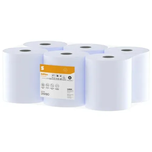 Wepa Satino Handtuchrollen blau 20 cm x 150 m, 6 Rollen/Paket - Handtuchrollen, 2-lagig und aus Recyclingmaterial, bieten hohe Saugkraft und Festigkeit - perfekt für hygienische Anwendungen in Gastronomie und Gewerbe.