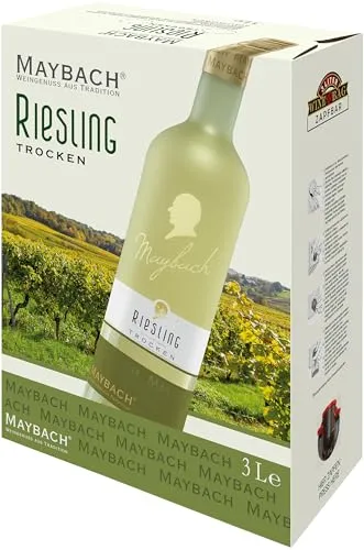 Maybach Riesling Trocken (1 x 3 l) - Moderner Weißwein mit fruchtigen Noten von Aprikose und Pfirsich. Ideal für Fisch- und Geflügelgerichte. Praktische Bag-in-Box-Verpackung für einfache Handhabung und lange Frische.