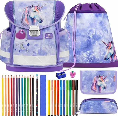 Belmil Schulranzen Set Classy 10-teilig 2025 Mädchen Unicorn Mystic Luna - Schulranzen Set für Mädchen mit traumhaftem Unicorn Design, ergonomisch geformt und wasserabweisend, ideal für die Grundschule.