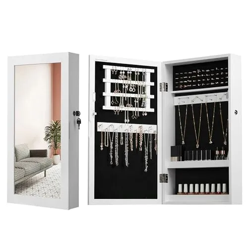 SONGMICS Schmuckschrank weiß ohne Fachböden - Praktischer Schmuckschrank für Ihre Accessoires - mit 65 Ringsteckplätzen, 64 Ohrringen und abschließbar für sicheren Stauraum. Ideal für alle, die Ordnung lieben!