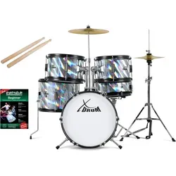 XDrum Junior Pro Kinder Schlagzeug Laser Silver - Kompaktes Juniorset für Kinder von 5-9 Jahren, kinderleicht zusammengebaut und platzsparend, inkl. Drumsticks und Stimmschlüssel.