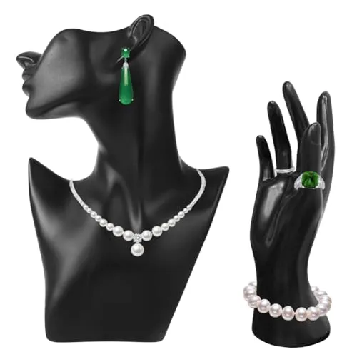 Set mit 2 Stück Schmuck-Mannequin-Präsentationsset, Kopfbüstenhalter, Mannequin, Ohrringständer, weibliche Schaufensterpuppe, Handpuppe, Armband, Ringständer, Show, Heimdekoration, Schwarz