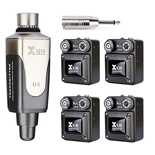 XVive U4 In-Ear Monitor Wireless System - Bundle mit 1x Transmitter + 4x Receiver - Kopfhörer mit 2,4 GHz Bandübertragung und 24 Bit / 48 kHz Umwandlung für erstklassigen Klang und hohe Dynamik von 107 dB.