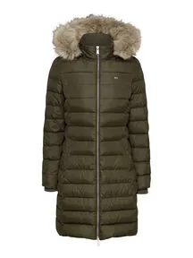 Tommy Jeans Damen Daunenmantel Essential Hooded Down Coat - Ikonisch zeitlos in Fatigue Green, mit abnehmbarer Kapuze und Kunstpelz, optimaler Tragekomfort für kalte Tage