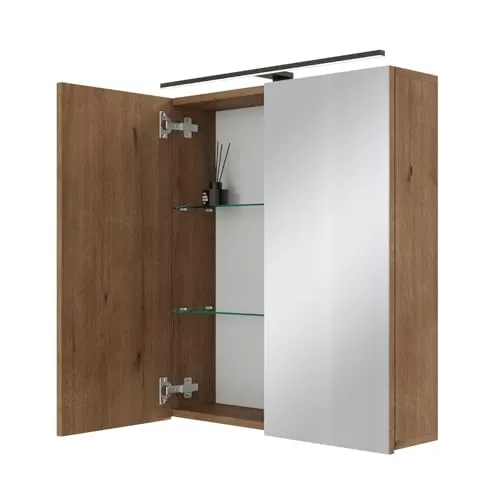 Spiegelschrank ARIA 60 cm gold eiche mit Leuchte und Steckdosenbox - Spiegelschrank mit Soft-Close, wasserabweisender Melaminbeschichtung und integrierter Leuchte für optimales Licht beim Schminken – ideal für jedes Badezimmer.