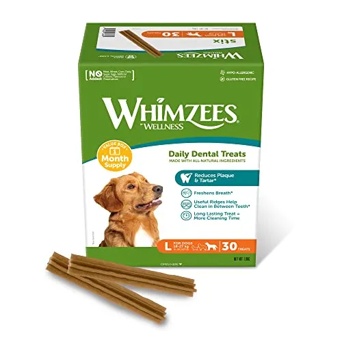 WHIMZEES Stix L, Monatspackung, 30 Stück – Größe L, Kaustangen für große Hunde zur Zahnpflege, Getreidefrei, Natürlich, ohne Zuckerzusatz