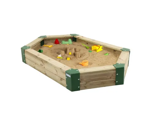 Hörby Bruk 6-eckiger Holzsandkasten ohne Abdeckung - Stabiler 6-eckiger Sandkasten aus schwedischem Holz, ideal für kreative Spielstunden im Freien. Mit stabilen Kunststoffecken und Metallverstärkungen, perfekt für Kinder jeden Alters.