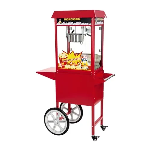 Royal Catering RCPW-16E Popcornmaschine - Popcornmaschine mit Wagen, leistungsstark 1.600 W, bis zu 5 kg Popcorn pro Stunde, mobil durch große Räder und drehbare Rollen, inkl. Zubehör für sofortigen Einsatz.