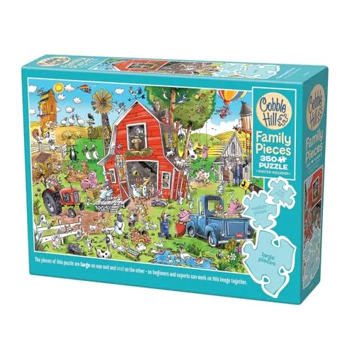 Cobble Hill 3847018 Verrückter Bauernhof, Familienpuzzle, 350 Teile Puzzle mit unterschiedlich großen Puzzleteilen inkl. Poster, Generationenpuzzle ab 9 Jahren, Wimmelbild