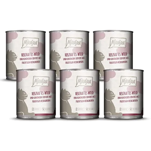 MjAMjAM - Premium Nassfutter für Katzen, herzhaftes Wild Kaninchen mit Heidelbeeren, getreidefrei, 6er Pack (6 x 800 g), hoher Fleischanteil und regionaler Herkunft