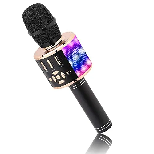 BONAOK Kabelloses Bluetooth-Mikrofon, Kindermikrofon mit LED-Lichtern, Mini-Karaoke-Maschine für Party/Zuhause/Geburtstag, kompatibel mit Bluetooth iOS Android (Goldfarben)