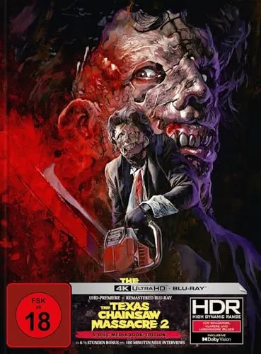 The Texas Chainsaw Massacre 2 - 3-Disc Mediabook - Horrorfilm-Klassiker über die Rache eines Texas Rangers, der gegen die legendäre Sawyer-Familie kämpft. Erleben Sie die epische Schlacht in hochwertigem Mediabook.