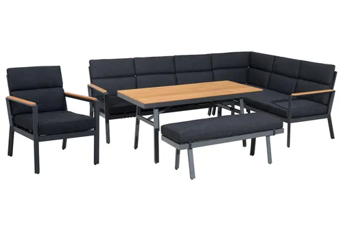 Gardissimo Dining-Ecklounge "Nabari XL" - Komfortables Gartenmöbel-Set - Gartenmöbel Set mit Ecksofa, Bank, Tisch und Kissen in anthrazit/braun. Ideal für gesellige Abende im Freien und bietet hohen Sitzkomfort.