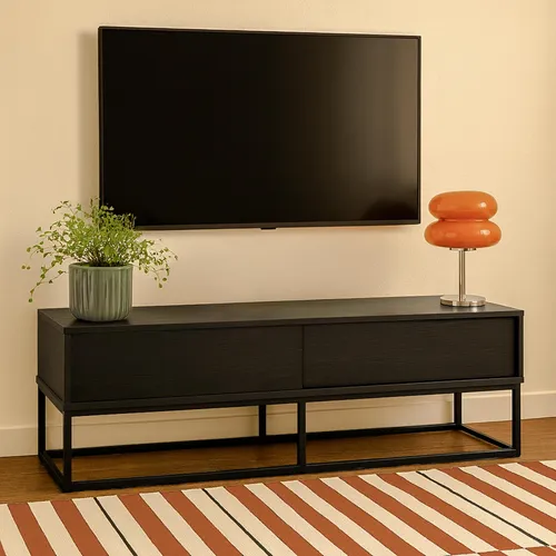 Oviala Jasper Rechteckiger TV-Schrank mit 2 Türen, L140 cm, schwarz - Der Oviala Jasper TV-Schrank überzeugt mit modernem Design und hoher Funktionalität. Mit einem geräumigen Staufach und stabiler Bauweise ist er ideal für die Organisation Ihrer Multimediageräte.