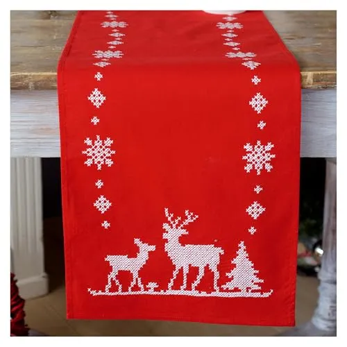 VERVACO Stickpackung Kreuzstich Set Vorgedruckt Tischläufer Weihnachtlich mit Rehen Stickdecken Vorgezeichnet DIY Basteln Kreativ Stickläufer zum Selbersticken 30 x 105 cm Stickset