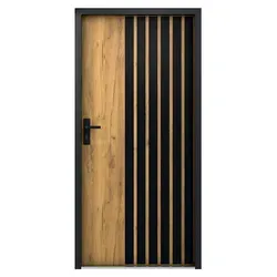 Eingangstür aus massivem Stahl H 207 x B 100 cm - Eicheimitat und schwarze Streifen - links einwärts öffnend - COBRITA - Hellbraun