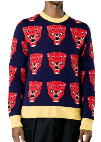 Gucci Iconic Tiger Logo Strickpulli - Herren Strickpullover in Blau, ideal für Freizeitlooks. Hochwertige Wolle sorgt für Komfort. Perfekt kombinierbar mit Jeans und ein echter Hingucker durch das ikonische Tiger-Logo.