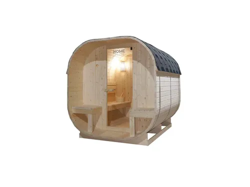 Saunacube Außensauna Saunafass - Gartensauna mit 8kW Saunaofen aus Fichtenholz - Outdoor Sauna für 4 Personen, inklusive Saunazubehör und gemütlichem Sitzplatz. Ideal für entspannende Wellnessmomente im Garten.