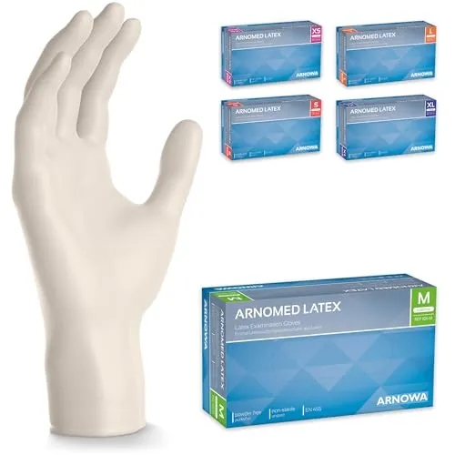 ARNOMED 1000x Einweghandschuhe M, Latexhandschuhe Weiß (10x100 Stk), Einweghandschuhe puderfrei, Handschuhe Latex Einweg, Putzhandschuhe, Latex Handschuhe, Einmal-/Einweg-Handschuhe XS, S, M, L & XL