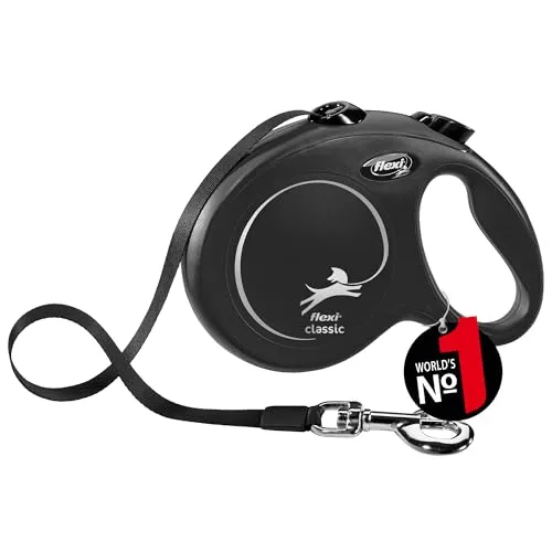 flexi® Classic L | 5m Gurt Roll-Leine für Hunde bis 50 kg | Schwarz | ausziehbare Hundeleine | Gewicht 347.2 gr | Maße 12.9 x 18.8 cm