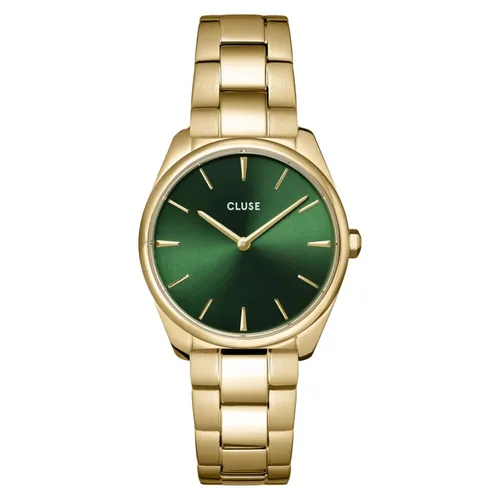 Cluse Féroce Petite Damenuhr CW11217 - Elegante Armbanduhr - Die Cluse CW11217 vereint minimalistisches Design mit auffälligem Stil. Mit ihrem goldenen Armband und dem dunkelgrünen Zifferblatt ist sie perfekt für jeden Anlass, ob Business oder Freizeit.