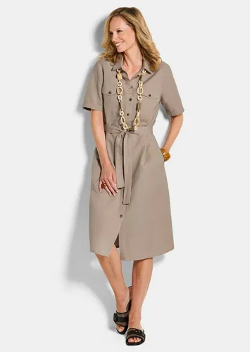 GOLDNER Sommerkleid Kurzgröße: Leinenkleid im Safari-Look Midikleid mit Hemdkragen, Knopfleiste, Taschen, Knielänge und Halbarm