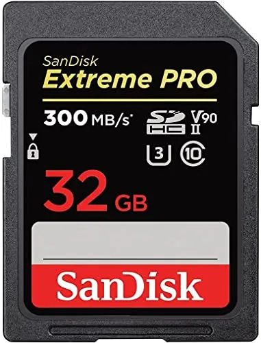 SanDisk Extreme PRO SDHC UHS-II Speicherkarte V90 32 GB (300 MB/s, 8K-, 4K- und Full-HD-Videoaufnahmen, RescuePRO Deluxe, stoßsicher, temperaturbeständig, wasserdicht und röntgensicher)