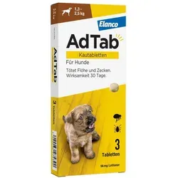 AdTab 56 Mg Kautabletten für Hunde 1,3-2,5 Kg - Tiergesundheit: Effektiver Floh- und Zeckenschutz für kleine Hunde, wirkt schnell und verhindert Eiablage, einfach zu füttern mit leckerem Rindfleischgeschmack.