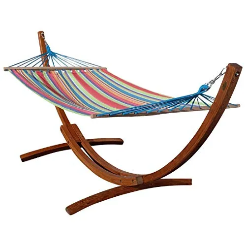 ALEOS Caleta Hängemattengestell 320cm mit gestreifter Stabhängematte - Robustes Hängemattengestell aus Lärche mit extra breiter Liegefläche für eine Person. Inkl. Ketten und Karabiner für einfache Montage. Ideal für entspannte Stunden im Freien.